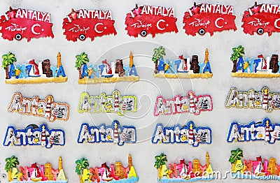 Antalya, Turkey, 26.07.2020. Decorative magnets a with the inscription Antalya Editorial Stock Photo