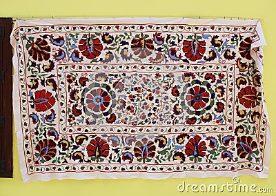 Antalya, Turkey, June 14, 2021. Oriental Turkish carpets with graphic ornaments Editorial Stock Photo