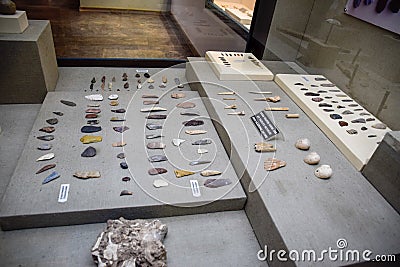 Exhibits of Antalya Museum of Antiquities, stone scrapers and knives and pottery Editorial Stock Photo
