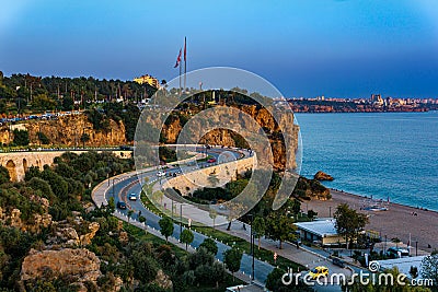 Evening view of Antalya coastline with road, beach and coastal cliffs Editorial Stock Photo