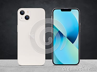 Antalya, Turkey - September 16, 2021: Newly released iphone 13 starlight color mockup set with back and front angles Editorial Stock Photo