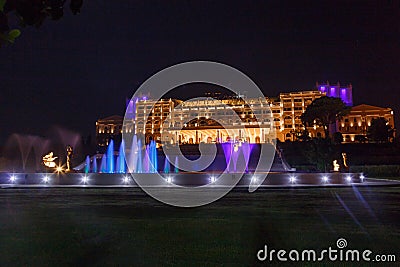 ANTALYA, TURKEY - SEPTEMBER 12, 2019: Titanic Mardan Palace with fountains at hight, the most expensive European\`s resort Editorial Stock Photo