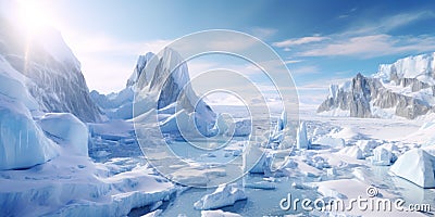 Antarctic landscape with frozen shore, water and snow, scenery of ice and glacier, view of rocky coast of in Antarctica. Concept Stock Photo