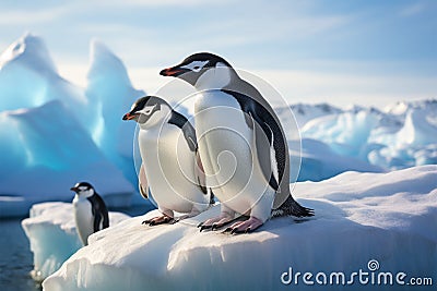 Antarctic scene Gentoo and Chinstrap penguins on an iceberg Stock Photo