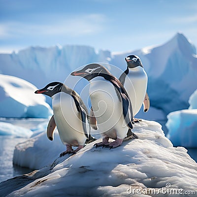 Antarctic scene Gentoo and Chinstrap penguins on an iceberg Stock Photo