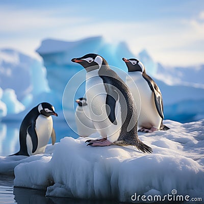 Antarctic scene Gentoo and Chinstrap penguins on an iceberg Stock Photo