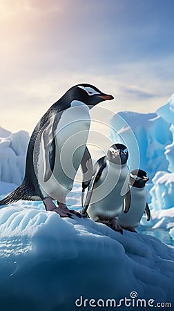 Antarctic scene Gentoo and Chinstrap penguins on an iceberg Stock Photo