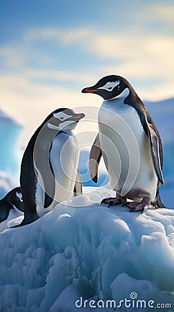 Antarctic scene Gentoo and Chinstrap penguins on an iceberg Stock Photo