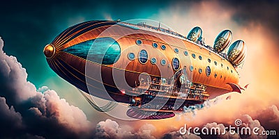 antastic airship soaring through the clouds, powered by steam and magic. Generative AI Stock Photo