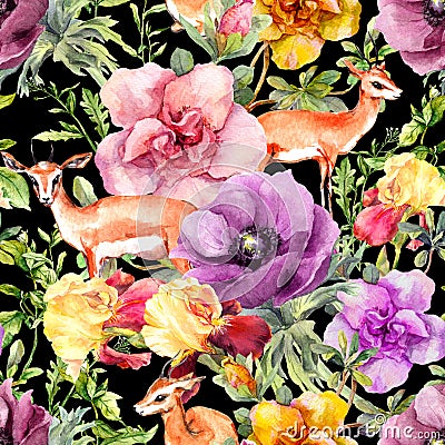 Antelope animal in flowers. Repeating floral pattern on contrast black background. Watercolor Stock Photo