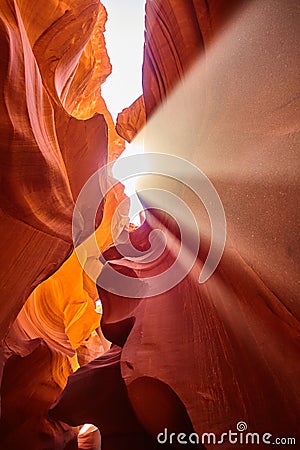 Antelope Canyon Sunbeam, Sandstone Walls, Mystical Light Stock Photo