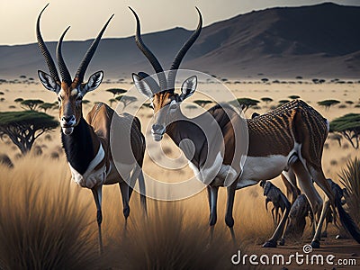 antelopes living in a savannah surrounded by a mountain Stock Photo