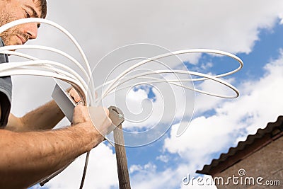 Antenna installation. Mobile internet in the village Stock Photo