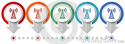 Antenna, network vector icon set, flat design infographic template, set pointer concept icons in 5 color options for webdesign and Vector Illustration