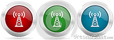 Antenna, network vector icon set. Red, blue and green silver metallic web buttons with chrome border Vector Illustration