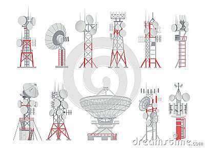 Antenna tower. Aerial wireless cellular transmitter. Telecom and radio receiver. Cell communication network. Isolated broadcasting Vector Illustration