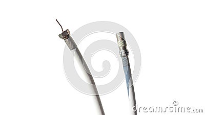 Antenna and TV cord isolated on white background with copy space .. PAL antenna cable, plug, antenna cord, type F, coaxial cable. Stock Photo