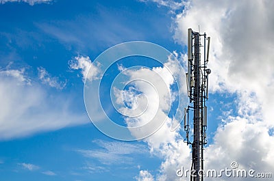 Antennas on mobile network tower. Global system for mobile communications. Stock Photo