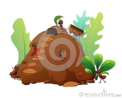 Anthill for Brown ants. Wildlife object. Little funny insect. Cute cartoon style. Isolated on white background. Vector Vector Illustration