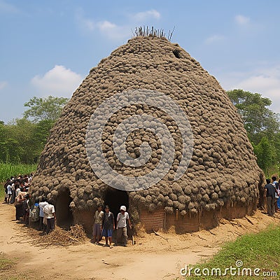 an anthill for people, a large house made of natural materials and many people in it, unusual architecture, Stock Photo