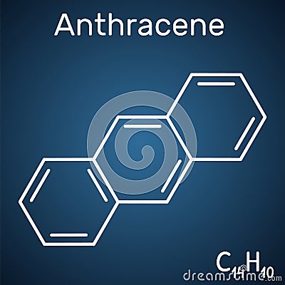 Anthracene molecule. It is polycyclic aromatic hydrocarbon PAH. Structural chemical formula on the dark blue background. Vector Vector Illustration