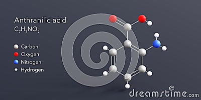 anthranilic acid molecule 3d rendering, flat molecular structure with chemical formula and atoms color coding Stock Photo