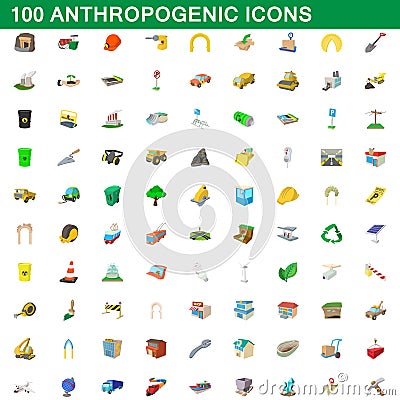 100 anthropogenic icons set, cartoon style Vector Illustration