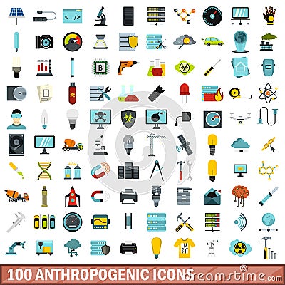 100 anthropogenic icons set, flat style Vector Illustration