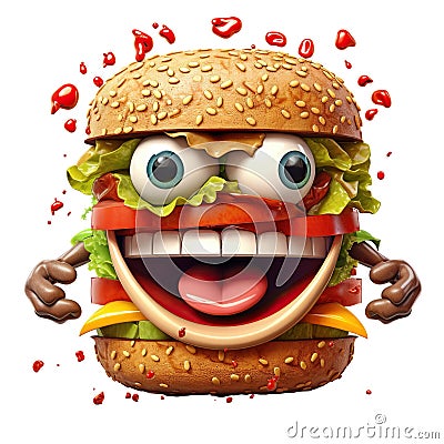 An anthropomorphic character in the form of a hamburger with eyes, a mouth, and arms Stock Photo