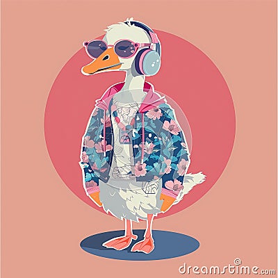 Anthropomorphic cool goose.Kawaii aesthetic, cottage-punk style, eccentric and candid, funny Cartoon Illustration