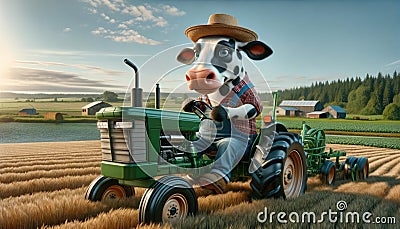 Anthropomorphic Cow Driving a Tractor Stock Photo