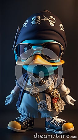 Anthropomorphic cute and adorable charming smiling pirate duck wearing glasses and Chuck Taylor sneakers, AI Generative Stock Photo