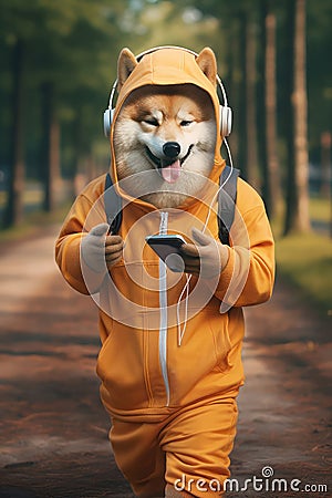 Anthropomorphic dog character. Akita Inu in a tracksuit and with headphones on his head holds a smartphone in his hand Cartoon Illustration