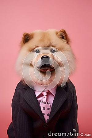 an anthropomorphic dog, smartly dressed in a black suit and pink tie, mascot dressed as an executive, businessman, Generative AI Stock Photo