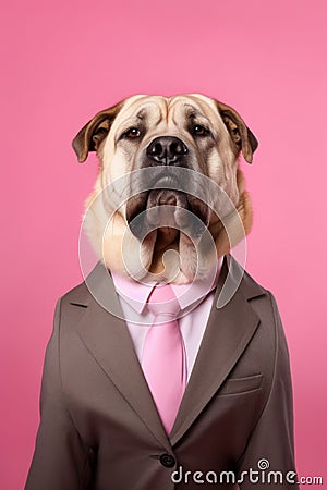 an anthropomorphic dog, smartly dressed in a brown suit and pink tie, mascot dressed as an executive, businessman, Generative AI Stock Photo