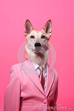 an anthropomorphic dog, smartly dressed in a pink suit and pink tie, mascot dressed as an executive, businessman, Generative AI Stock Photo