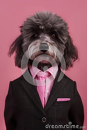 an anthropomorphic dog, smartly dressed in a suit and pink tie, mascot dressed as an executive, businessman, Generative AI Stock Photo