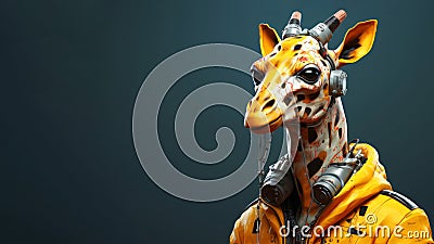 Anthropomorphic giraffe futuristic constructor worker engineer hyper realistic cyberpunk character on minimal dark background. Stock Photo