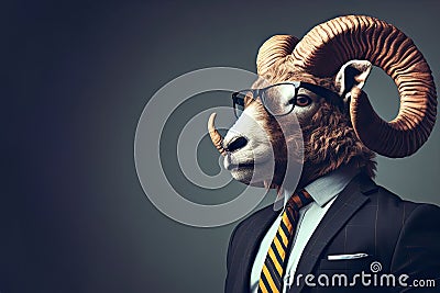 An Anthropomorphic Goat Dressed up as a Cool Business Man in a Suit and with glasses in the Stock Photo