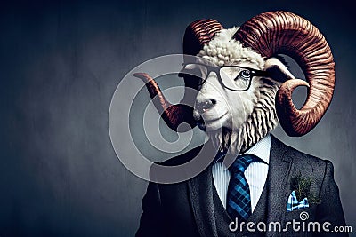 An Anthropomorphic Goat Dressed up as a Cool Business Man in a Suit and with glasses in the Stock Photo