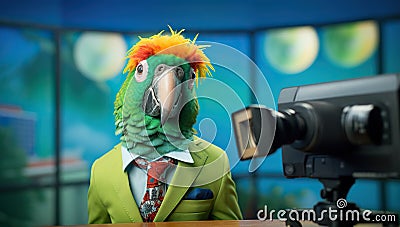 An anthropomorphic parrot in a bright green suit with a tie stands in front of a camera, ready to anchor the news Stock Photo