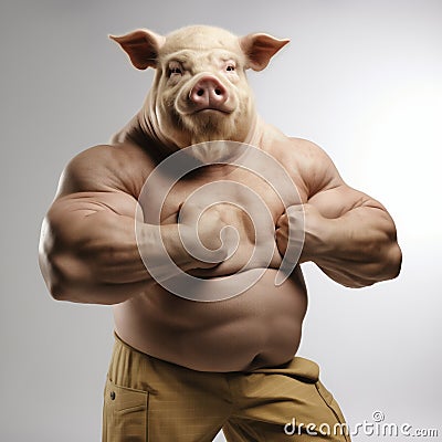 Anthropomorphic pig bodybuilder showing biceps, standing on a white background. Stock Photo
