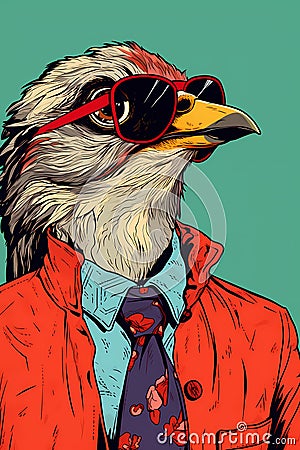 Anthropomorphic portrait of a confident bird man wearing stylish clothing in the office. Colorful illustration of serious wild Cartoon Illustration