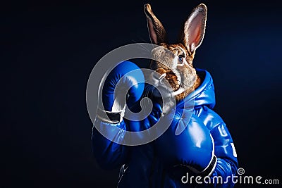 Anthropomorphic rabbit character with blue boxing gloves, generative ai Cartoon Illustration