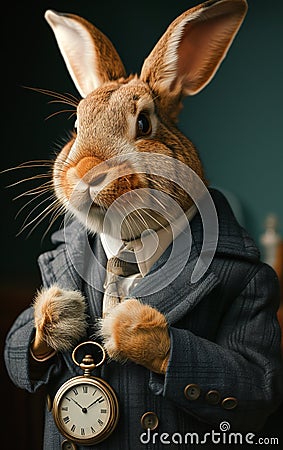 An anthropomorphic rabbit in elegant clothes displays a pocket watch Stock Photo