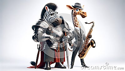 An anthropomorphic zebra as a medieval knight and a giraffe as a jazz musician, AI generated Stock Photo