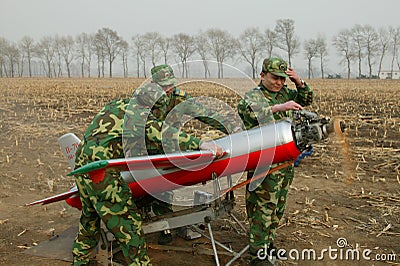 Anti-aircraft artillery aeromodelling group training Editorial Stock Photo