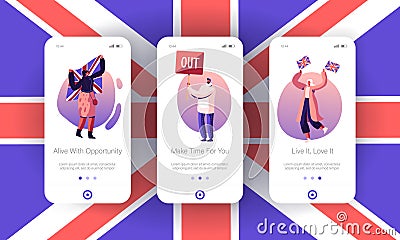Anti Brexit Supporters Strike Mobile App Page Onboard Screen Set. People with Traditional Britain Flags for UK Vector Illustration