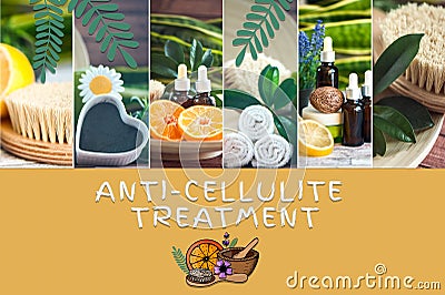 Anti-cellulite treatment consept. Photo and illustration, cartoon style. Organic, bio, natural cosmetics. Cartoon Illustration