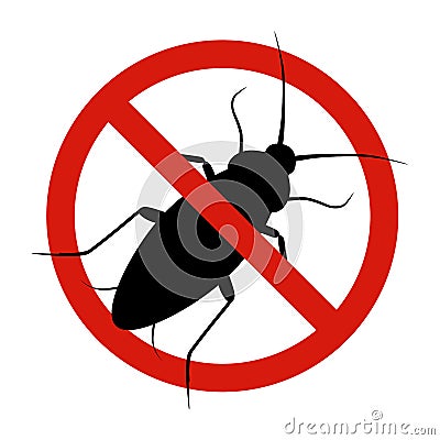 Anti cockroach, pest control. Stop insects sign. Silhouette of cockroach in forbidding circle, vector illsutration Vector Illustration